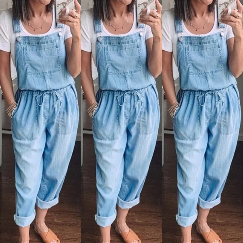 Frühling Sommer Kordel zug Denim Overalls Damen einfach lässig mit stilvollen Tasche schlanke schlanke Füße Jeans hose weiblich 2024