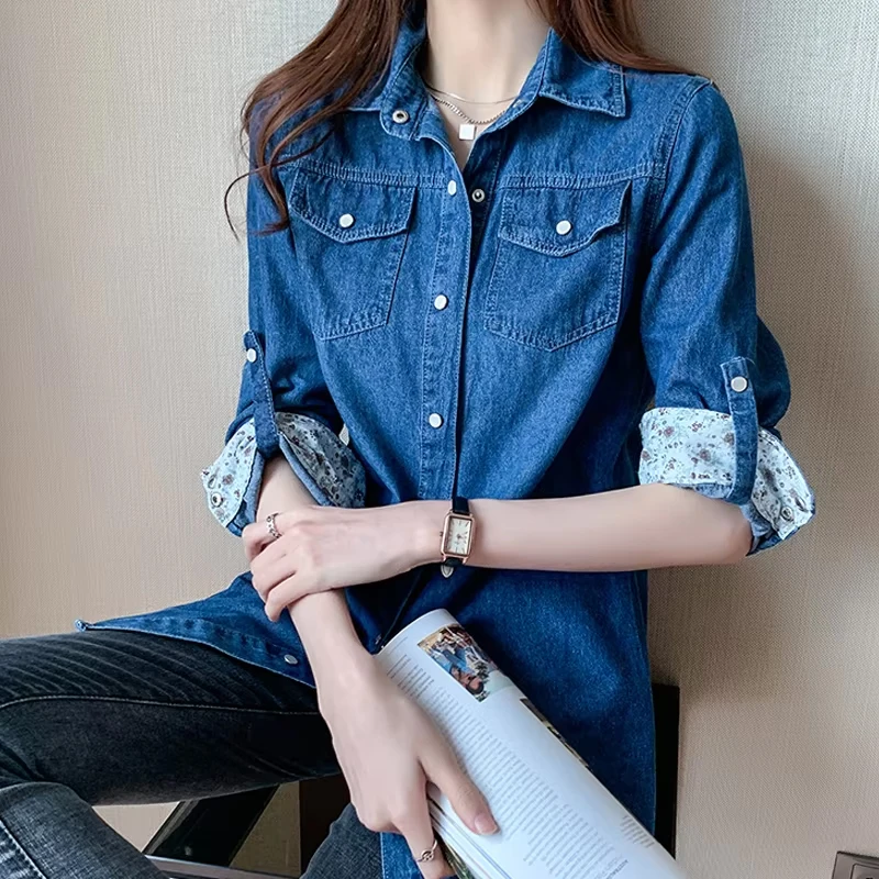 2025 الخريف الحلو طويلة الأكمام رقيقة قميص دينيم موضة المرقعة المرأة القمصان مع جيوب الكورية نمط المرأة بلايز 9837