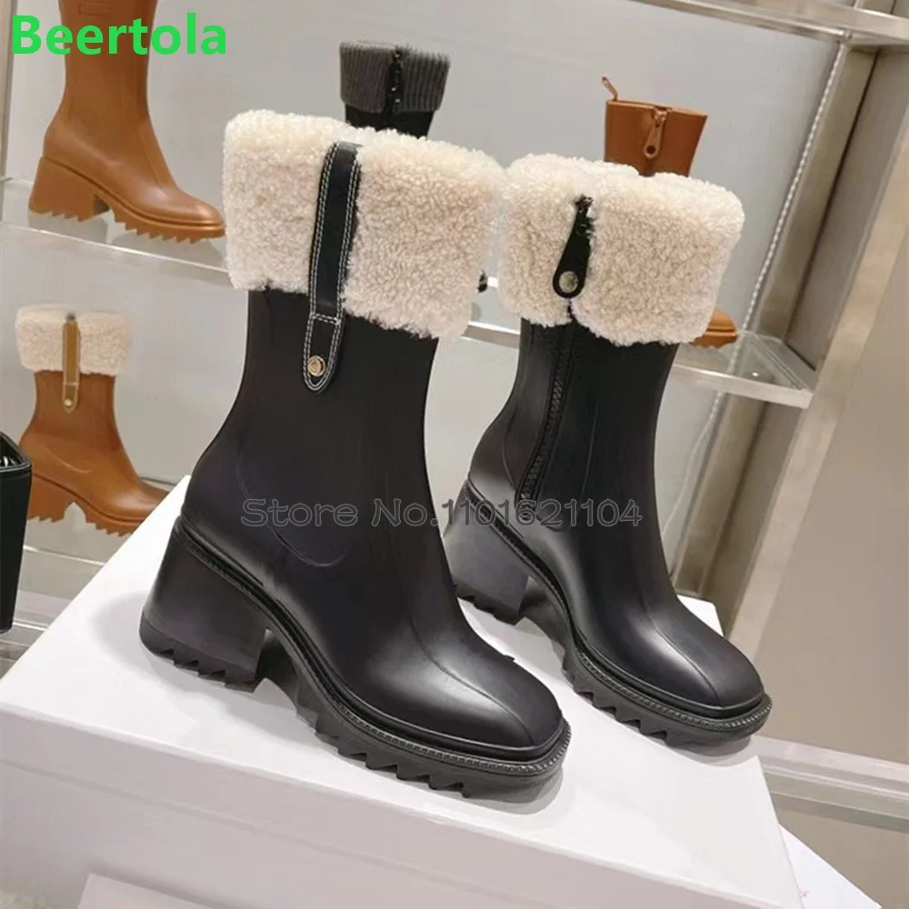 Chunky Heel Lambswool Luxury Boots For Female Women 2024 Winter New Sqaure Heel Side Zipper Non-slip Solid Fashion Elegant Shoes