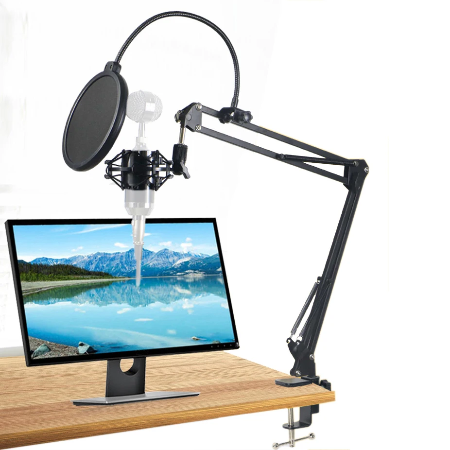 Foldable Arm Clamp Mount Stands with Shock-proof Holder POP Filter for Condensor Microphones Live Streaming Bloggers