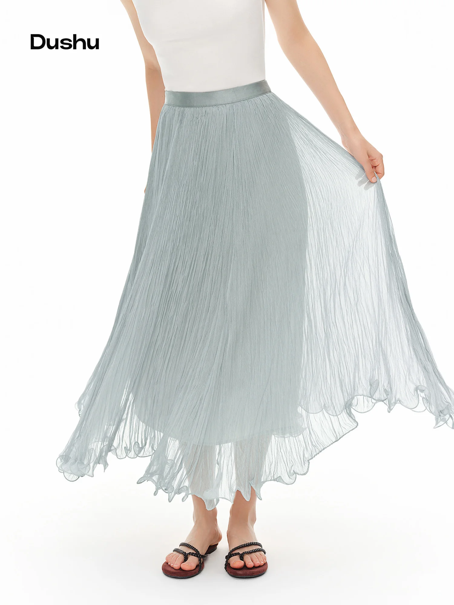 

DUSHU Women High Waist A-Line Skirt 2026 Summer Chiffon Crinkled Ruffle Hem Flowy Casual Skirt Loose Fit Fairy Midi Light Blue