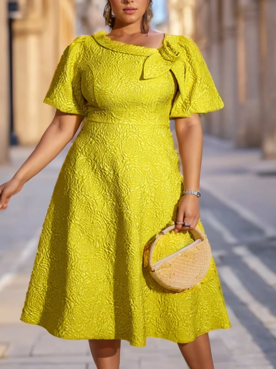 Women Plus Size Elegant Yellow Jacquard A-Line Dress Flower Asymmetrical Collar Short Puff Sleeve High Waist Birthday Prom Gowns