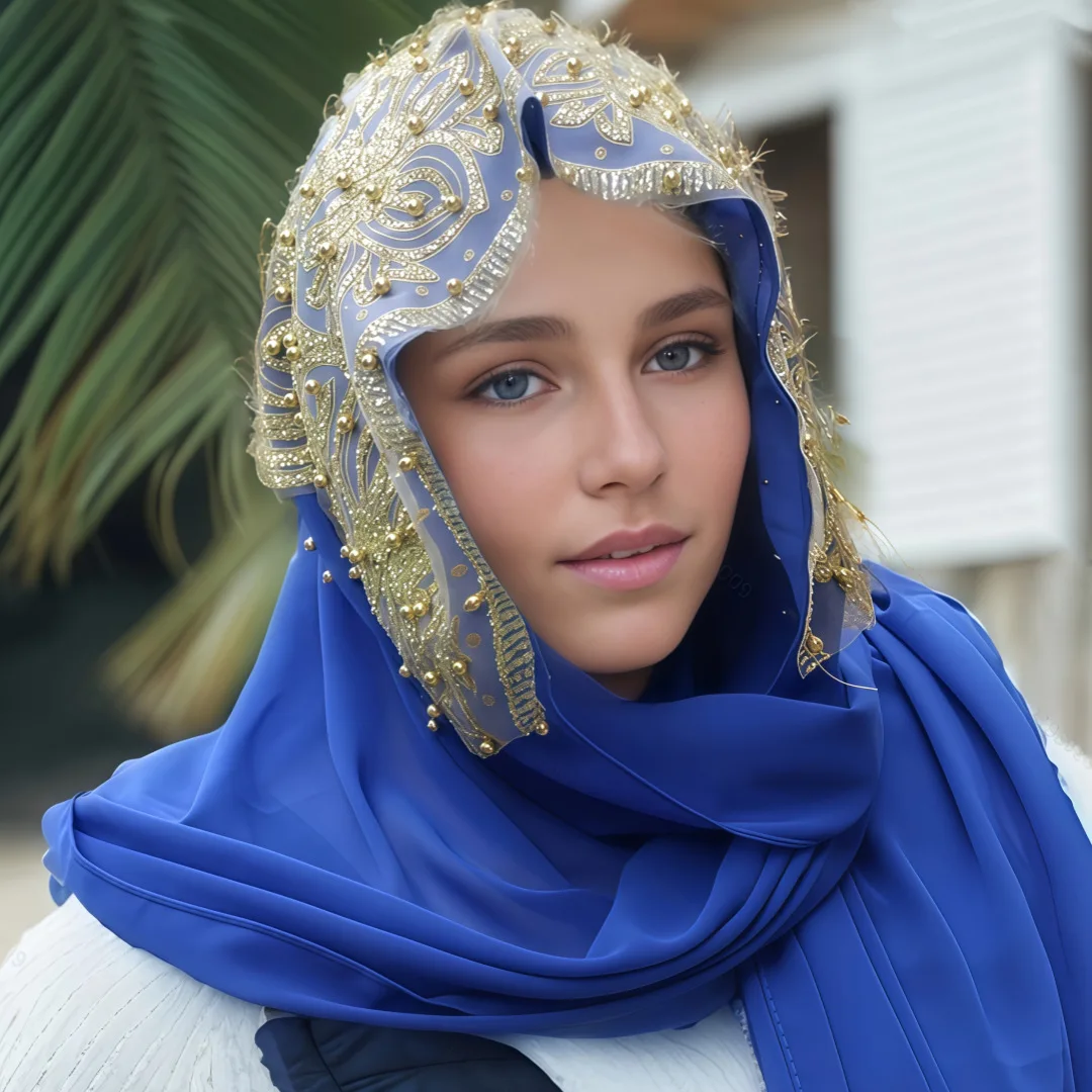 

Luxury Dubai Beaded Hijab Muslim Headscarf Women Chiffon Long Scarf Shawl Wrap Bandanas Headband Bufanda Foulard Turbante Mujer