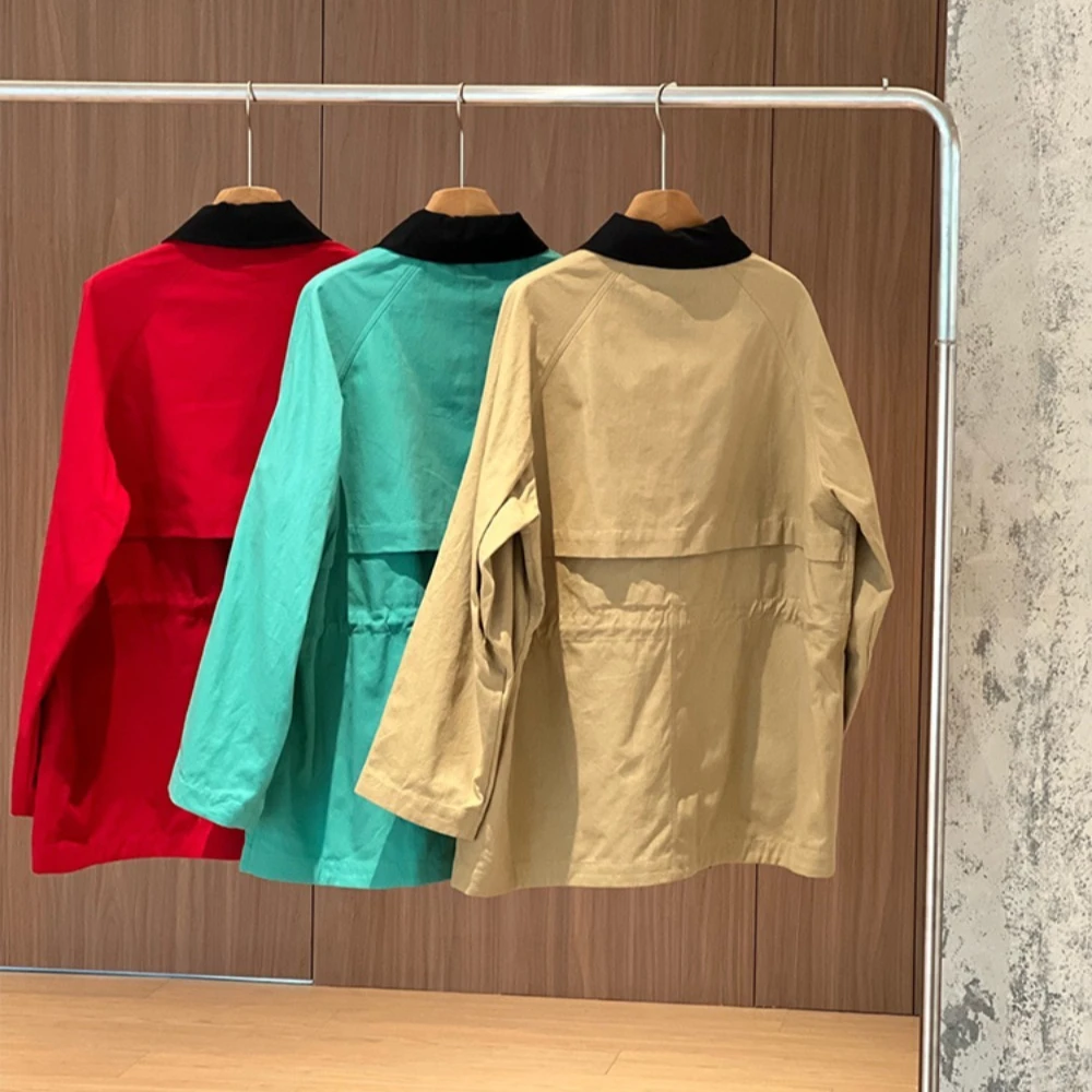 Retro Pure Cotton Oxford Cloth Jacket with Color-blocked Collar and Oversized Workwear Style