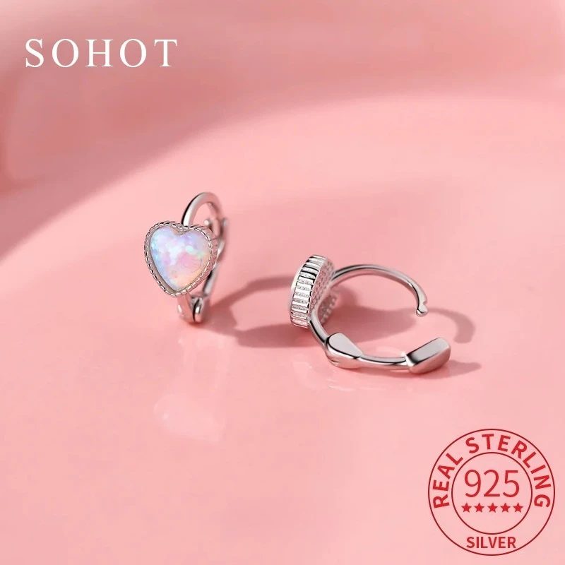 

Real 925 Sterling Silver Trendy Heart Opal Hoop Earrings for Women Elegant Exquisite Fine Jewelry Light Luxury Accessories