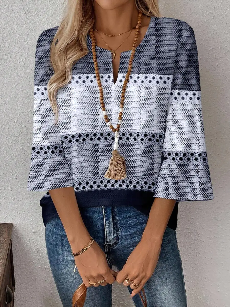 

Women Colorblock V-Neck Casual Daily Wear Shirt With Flare Sleeve
