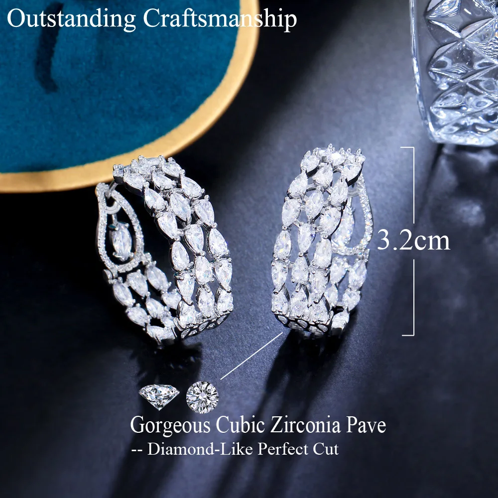 CWWZircons Clear White Double Sided CZ Paved Triple Round Big Chunky Hoop Earrings for Women Luxury Wedding Party Jewerly CZ498