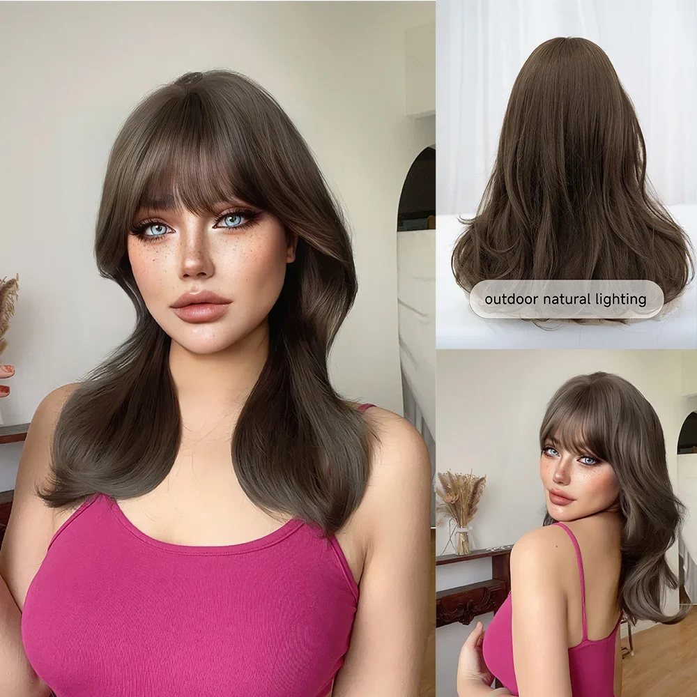 18Inch Cool Brown Synthetic Wigs with Bangs Medium Natural Wavy Hair Wig for Women Daily Use Cosplay Drag Queen Heat Resistant