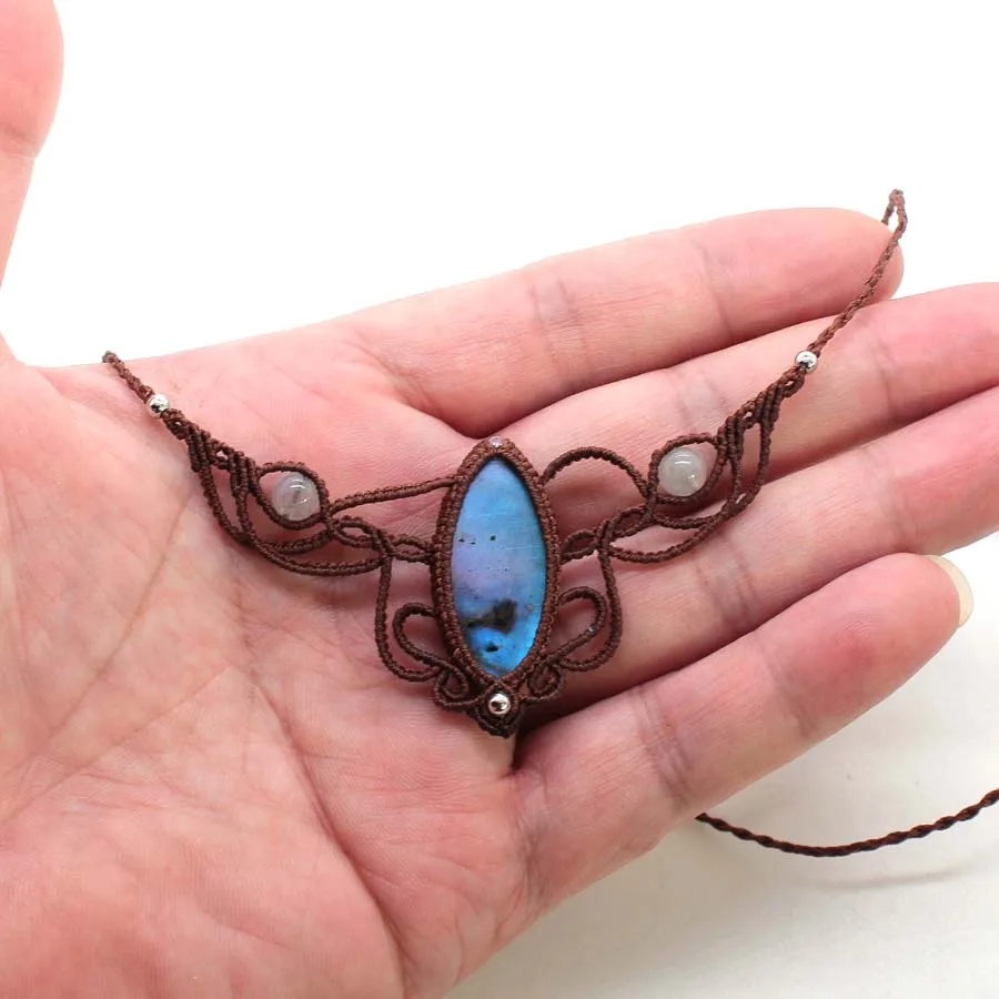 

Плетеное ожерелье ручной работы с подвеской из хрустального камня макраме для женщин, натуральный лабрадорит, оливковое плетение, регулируемые мужские украшения