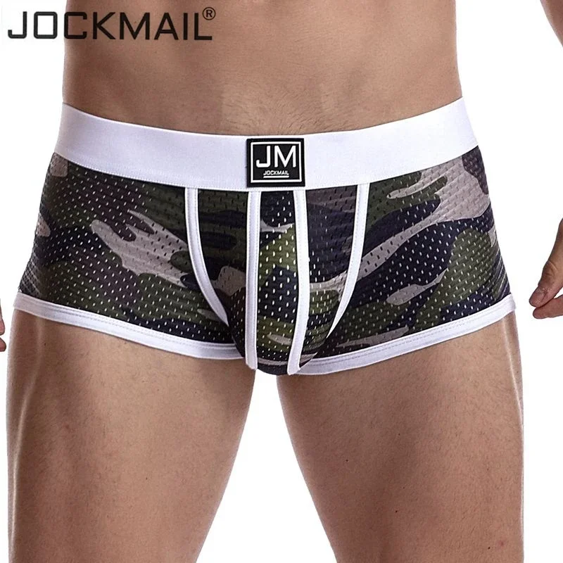 JOCKMAIL mężczyźni bokserki sexy bielizna męska cueca boxer mężczyźni kamuflaż Mesh szorty odzież męska bokserki Fitness elastyczne kalesony