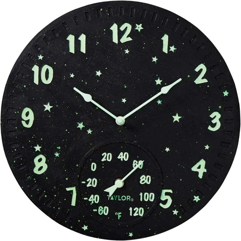 Galaxy Glow-in-The-Dark Poly Resin Indoor and Outdoor Clock and Thermometer, 14 Inch, Multi-Color