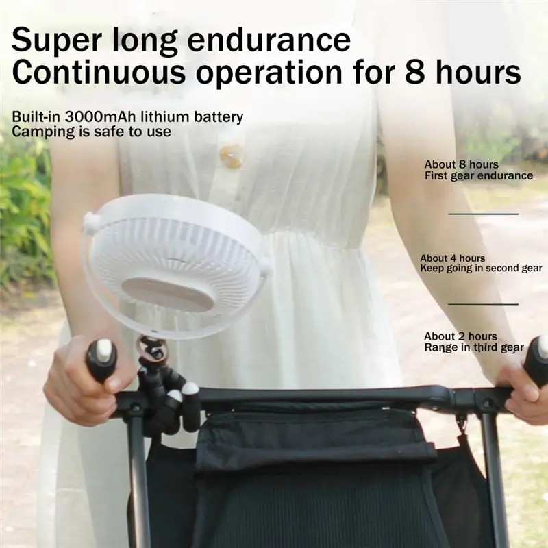 【SPECIAL OFFER】Outdoor Camping Tent Ceiling Fan 3000MAh Rechargeable 3-Gear Suspended Mosquito Net Desktop Fan in Dormitory-Blac