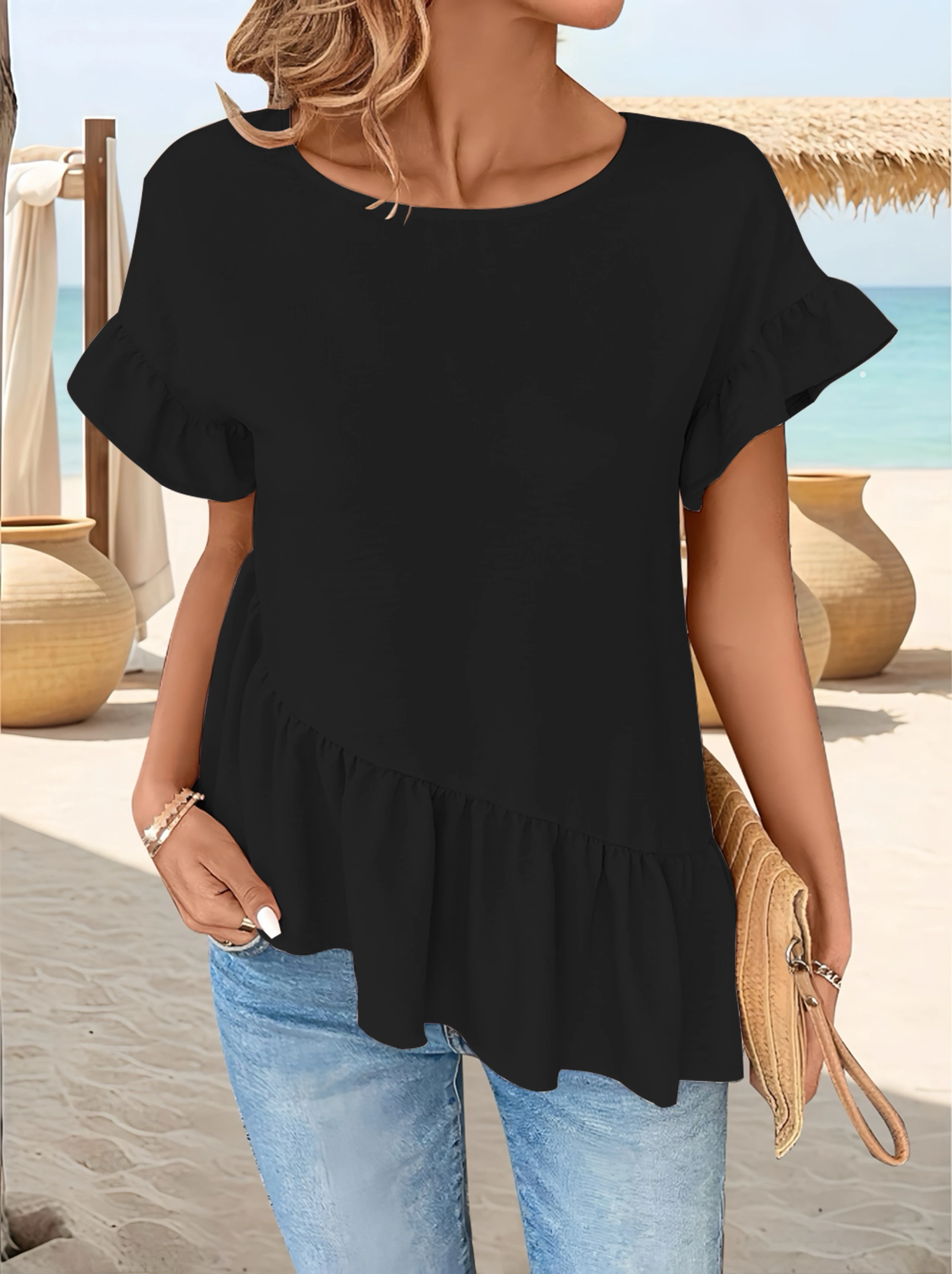 

Plus Size Women's Elegant Solid Color T-Shirt with Flutter Sleeves & Hem | Round Neck Woven Blouse Top for Summer Fashion