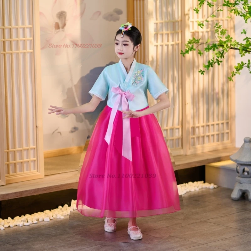 

Корейский детский народный танцевальный костюм 2021, фестивальное платье ханбок, танцевальное платье с цветочной вышивкой, топы + юбка, винтажное платье ханбок