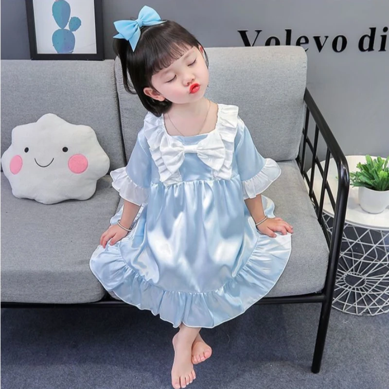 Girls Summer Lightweight Silk Pajamas Ice Silk Nightgown for Air Conditioned Room
