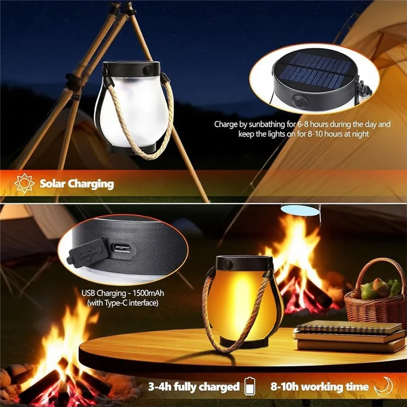 ABJN-Flame Lanterns 3 Pack Solar Powered Hanging Outdoor Waterproof-Lanterns With Dual Charging Modes For Garden Or Yard Decorat
