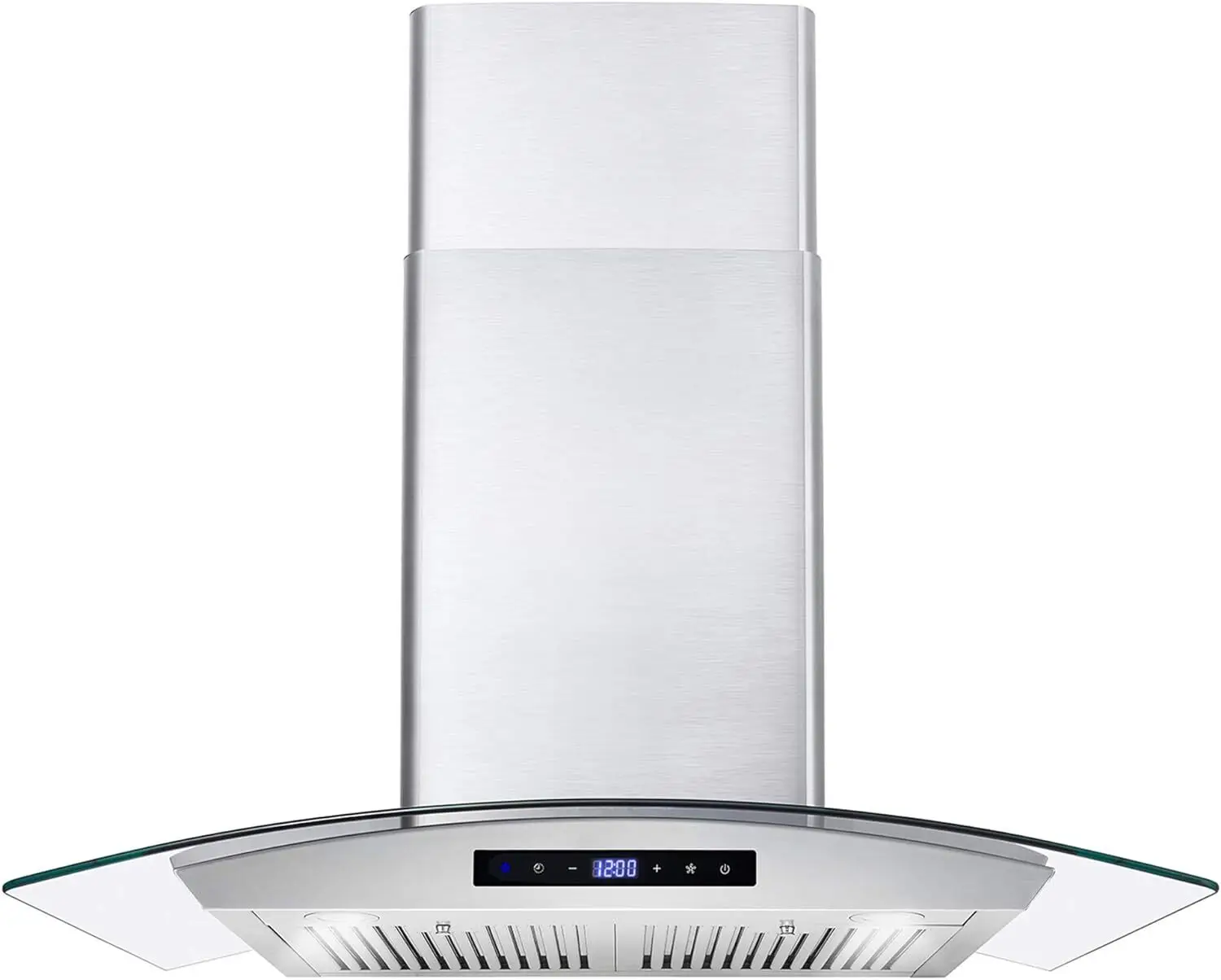 

in. Wall Mount Range Hood with 380 CFM, Curved Glass, Ducted Convertible Ductless (additional filters needed, not included),