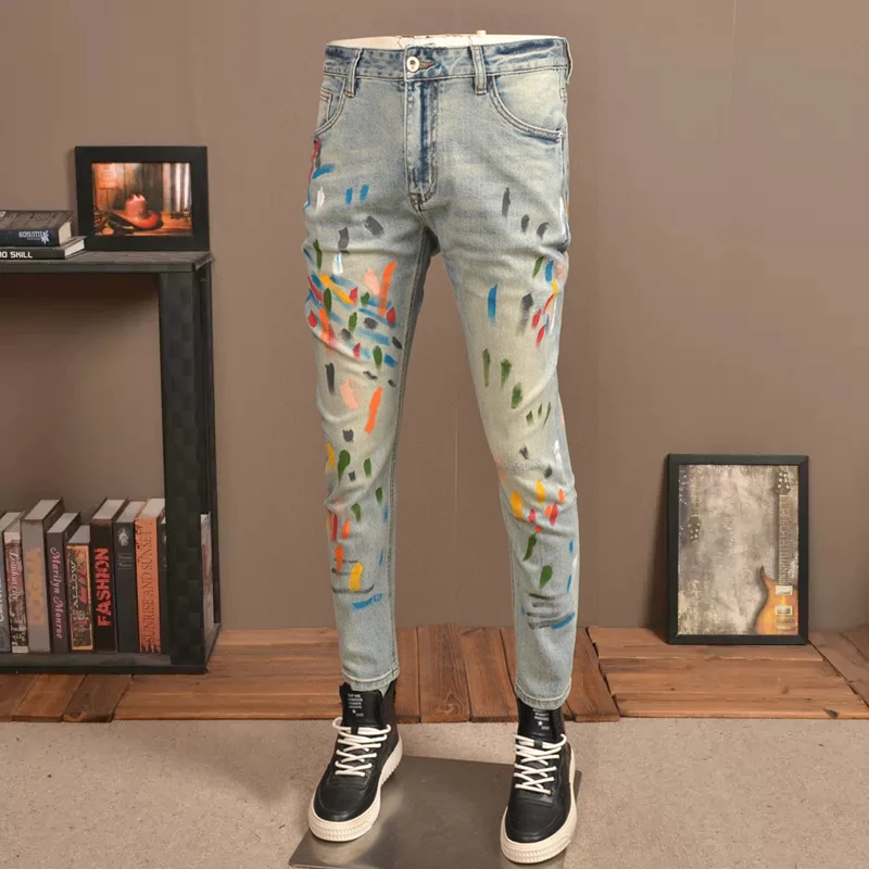 High Street Fashion Men Jeans Retro Blue Elastic Stretch Slim Fit Ripped Jeans Men Painted Designer Hip Hop Pencil Pants Hombre