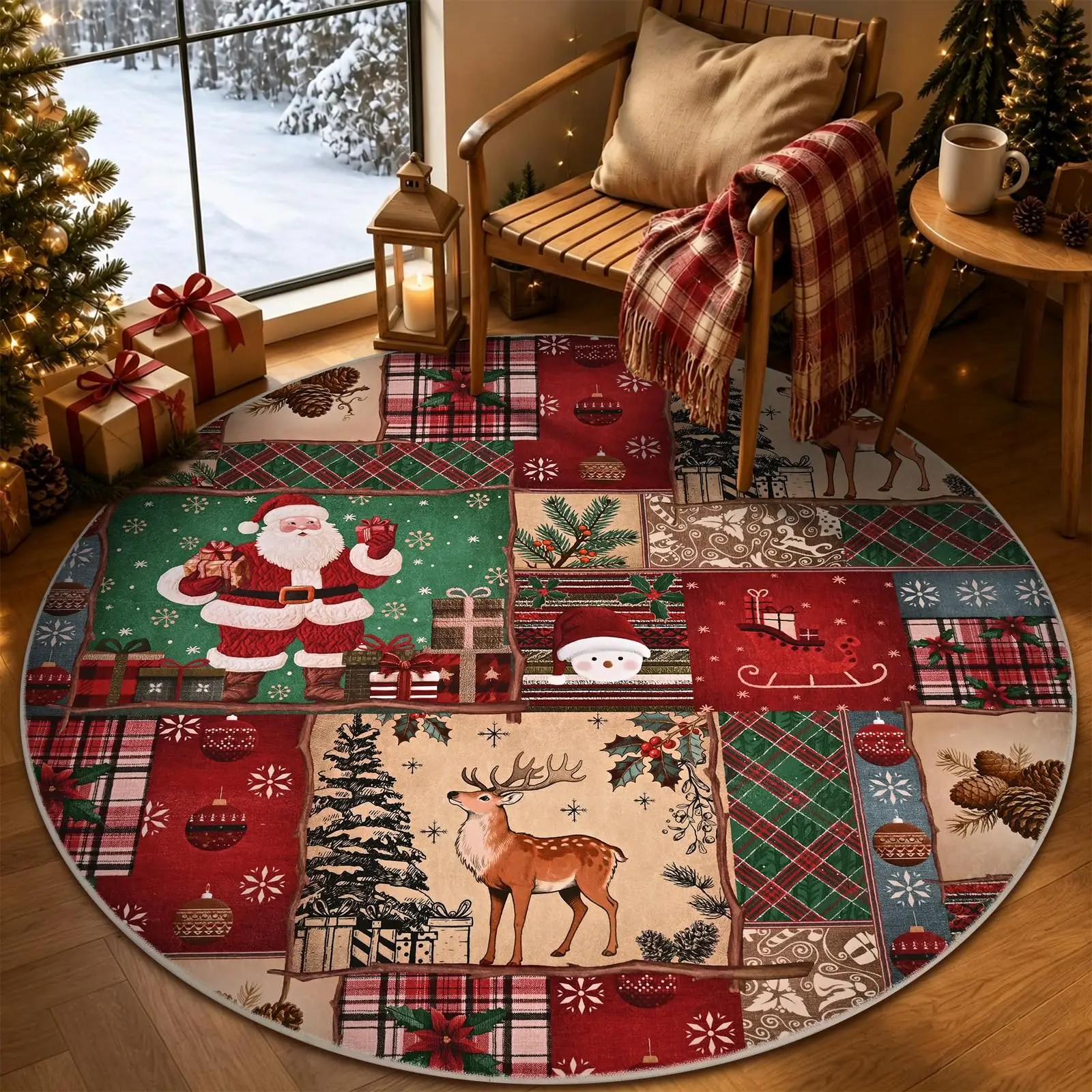 Christmas Patchwork Round Carpet Santa Reindeer Print Soft Floor Carpet for Living Room Bedroom Indoor Holiday Rug