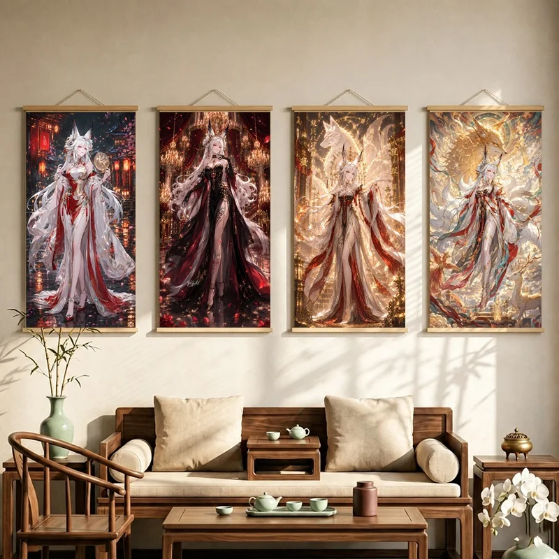 Wuthering Waves Hanging Scroll with Fantasy Figures in Ornate Flowing Robes and Dramatic Red and Gold Imagery for Bedroom