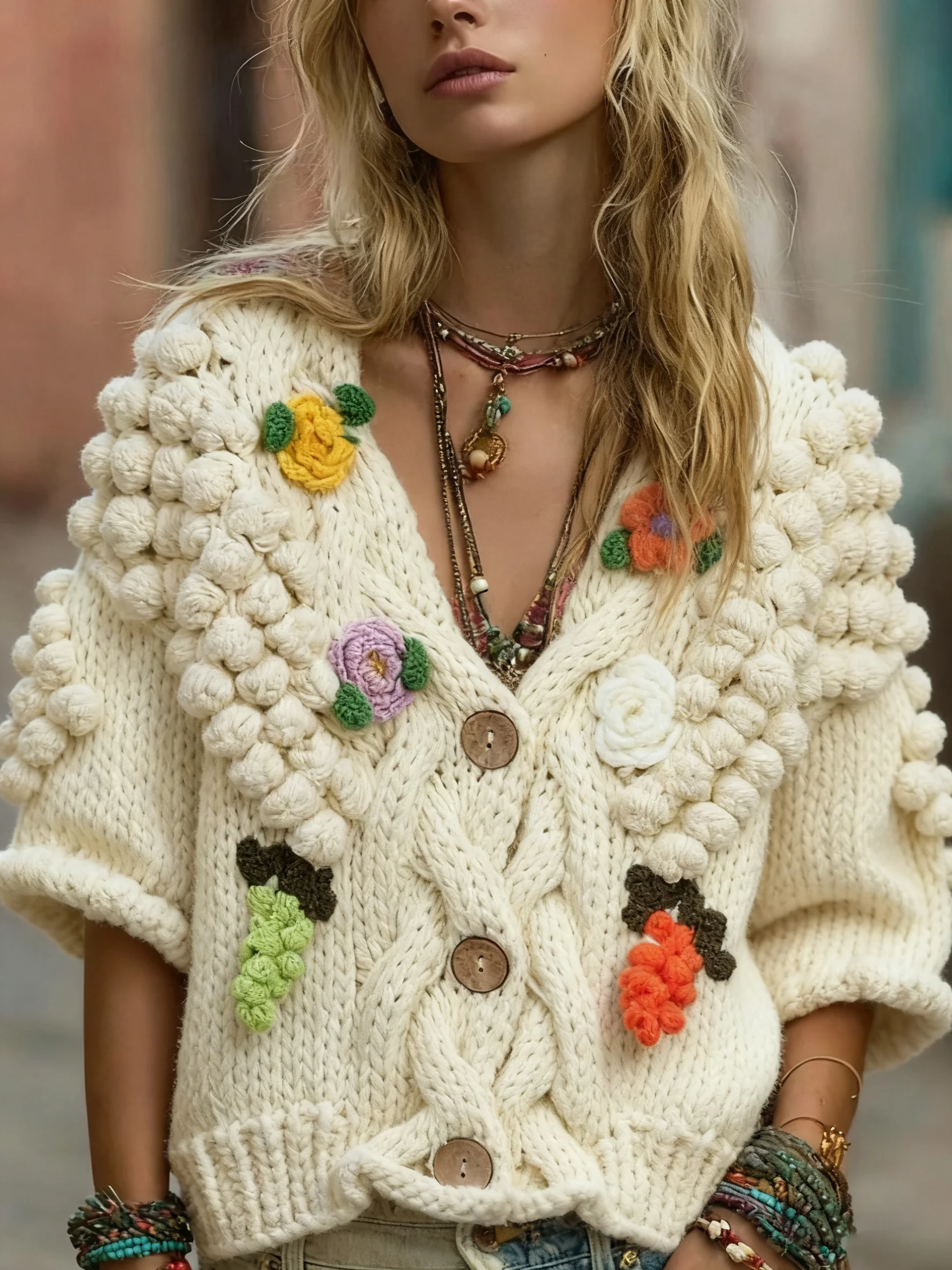 

2026 Bohemian Flower Decorated White Thick Knitted Cardigan Thick Warm Autumn And Winter Long-sleeve Women's Sweater Cardigan