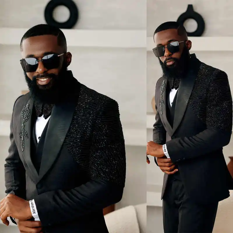 

Luxury Beaded Men Suits One Button Shawl Lapel Male Groom Sets Crystals Prom Male Party 2 Pieces Customized Jacket