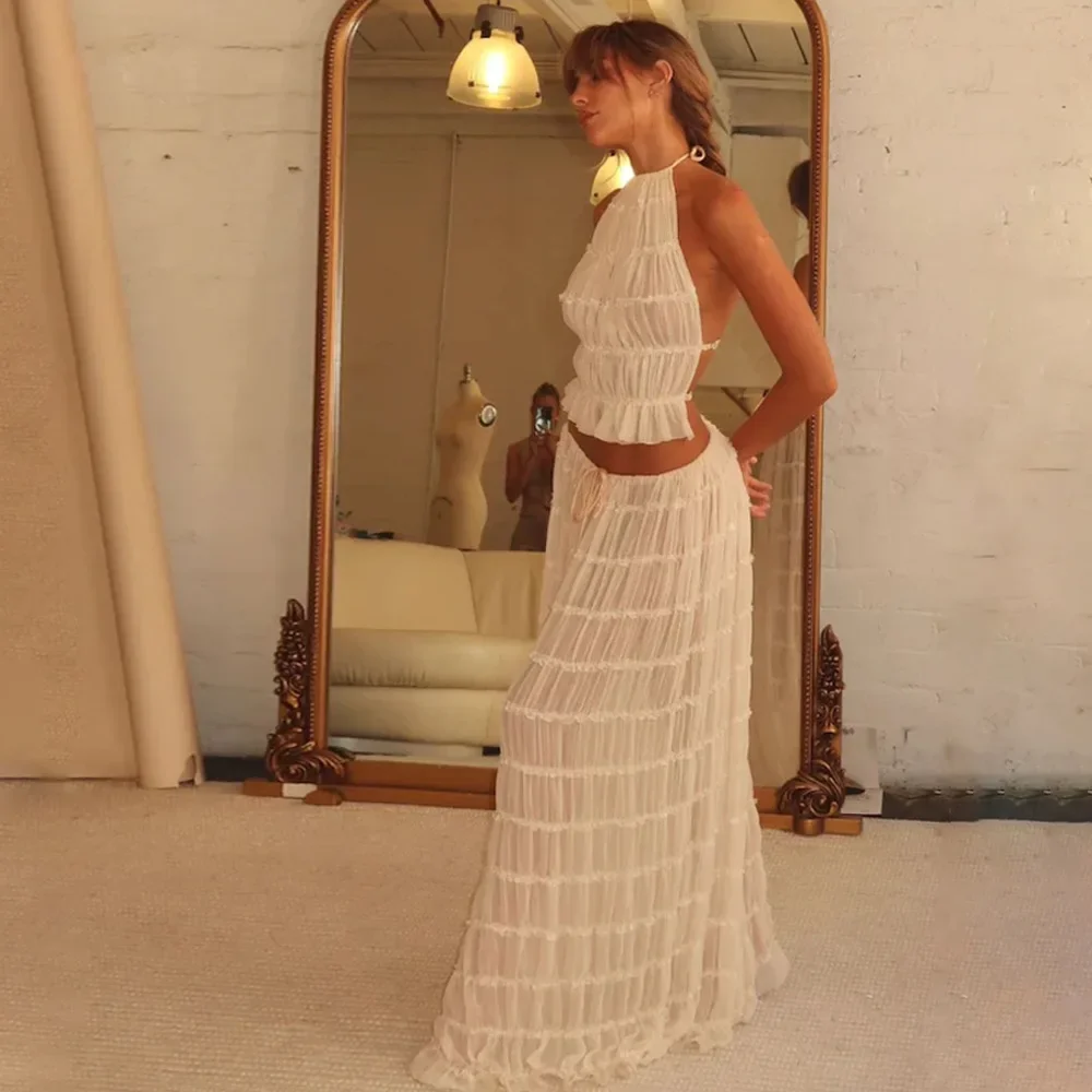 

Summer Sexy Backless Neck Strap Pleated Lace Vest Vacation Style Dress Set for Women