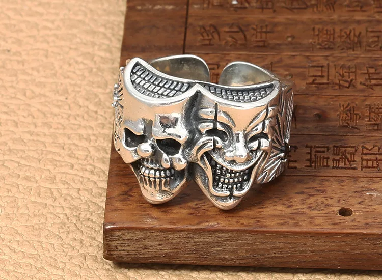 Thai Silver Fashion Men's Ring s925 Sterling Silver Vintage Jewelry Creative Good and Evil Clown Open Ring