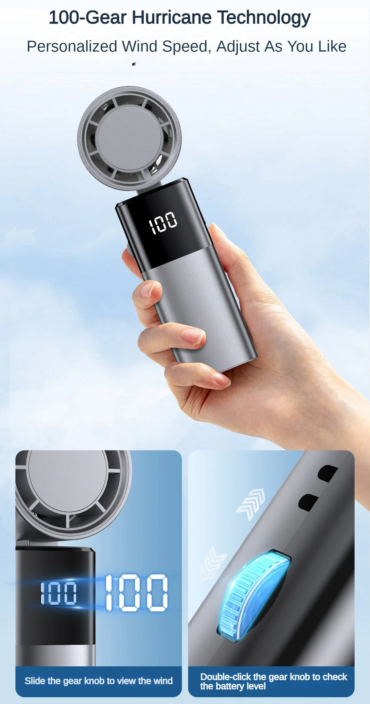 4000mAh Handheld High-speed Fan 100 Levels Adjustment USB Charging Fan  Portable High-speed Turbine Digital Display Mini Fan