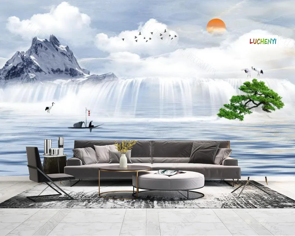 

Papel de parede flowing generates wealth flowing water landscape painting living room wallpaper mural, wallpaper home decoration