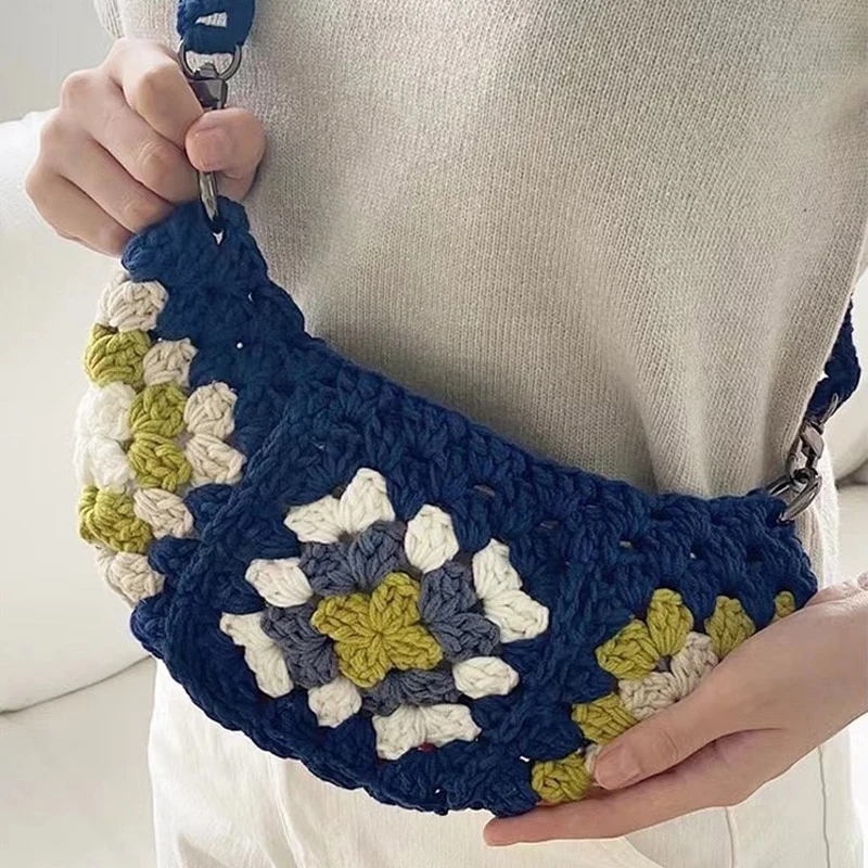 Bohemian Granny Square Crossbody Bags for Women Designer Crochet Shoulder Bags Knitted Hobos Messenger Bag Small Phone Purses