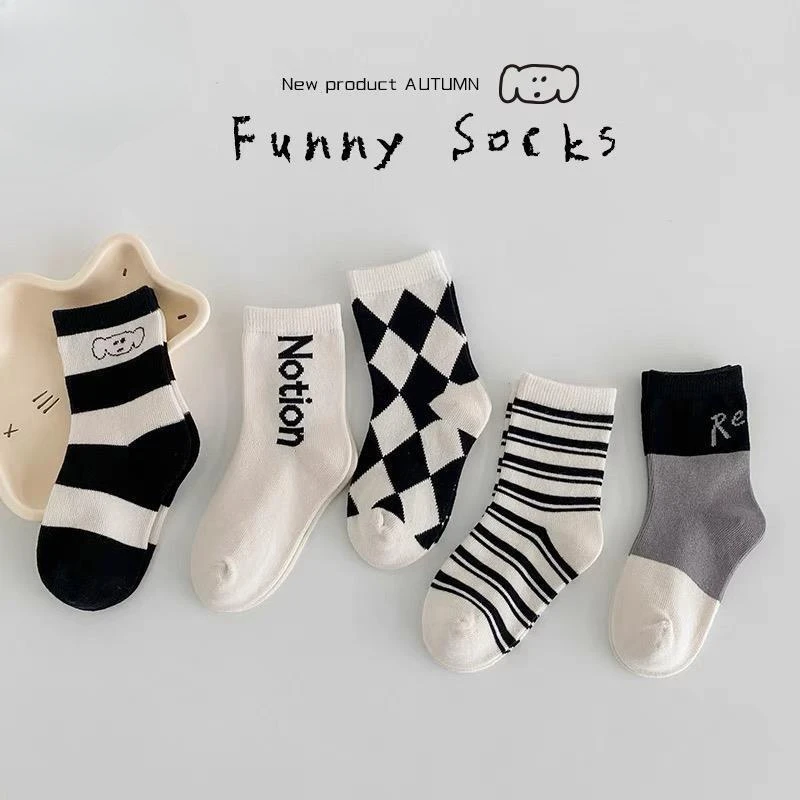 5 Pairs of Children\'s Socks Spring and Summer Thin Skin-friendly Breathable Simple Trend Cute Boys and Girls Mid-tube Socks