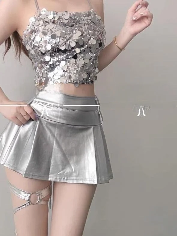 Fashionable Silver Top DJ Lead Bar Performance Costume Women's Chic Sexy Set Stage Outfit Jazz Dance Trendy Ensemble