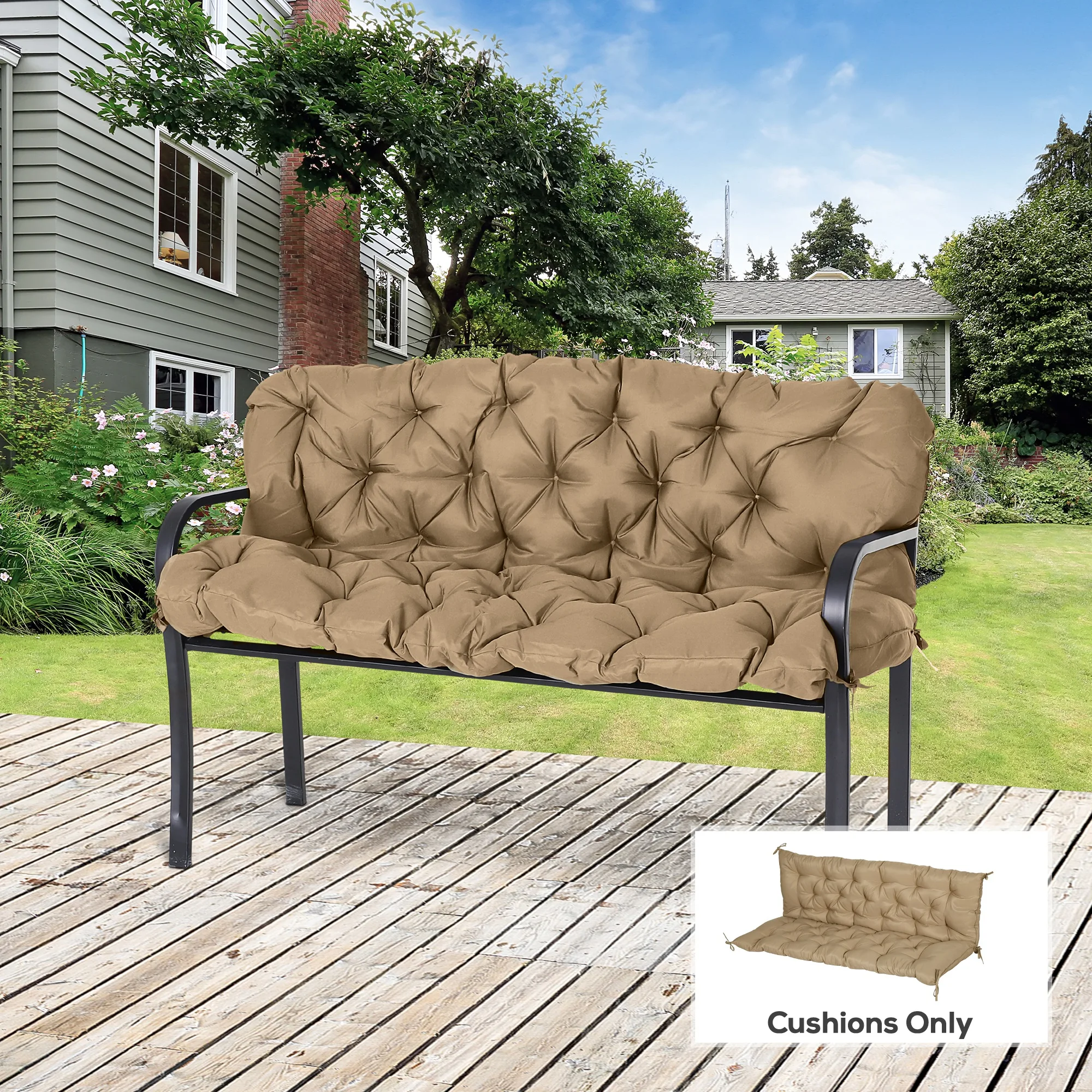 3 Seater Outdoor Seat Pads Bench Swing Chair Cushions for Patio Garden Khaki