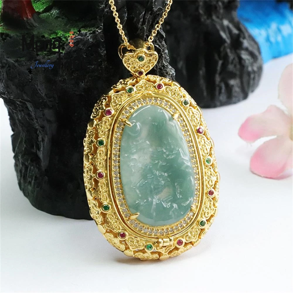 Natural Jadeite Landscape Blue Water Jade Necklace Pendant Exquisite Elegant Simple High-grade Luxury Quality Fashion Jewelry
