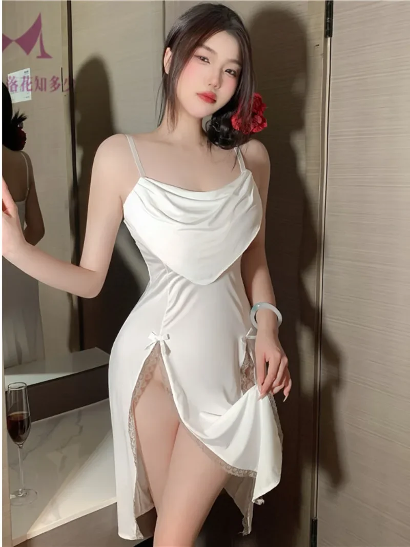 

Sexy Solid Color Transparent Vent Dress Backless Deep V Suspenders Sleeveless Dress Charming Elegant Pure Desire Casual VF92