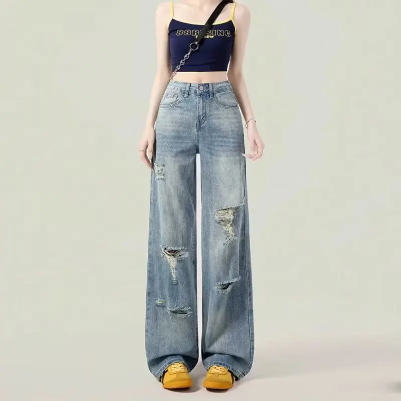 

Light Blue Ripped Wide-leg Jeans for Women in Summer Thin American Retro Ripped Wide-leg Jeans for Women Jean