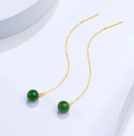

18k gold drop earrings for women green jade earrings 6cm long earrings au750 jewelry
