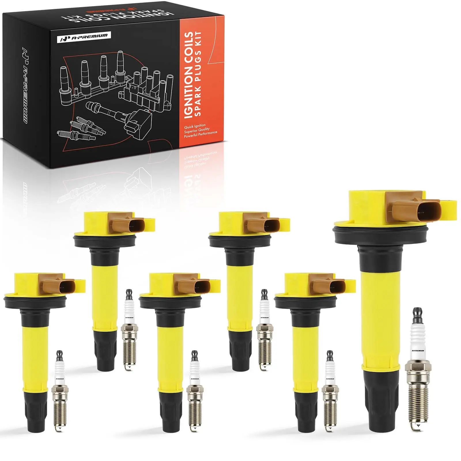A-Premium 6x Yellow Ignition Coils & 6x Iridium + Platinum Spark Plugs Kit for Ford F-150