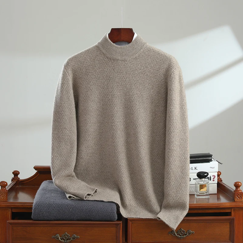 

Men's Thick Mock Neck 100% Cashmere Sweater Basic Pullover Autumn Winter Smart Casual Cashmere Knitwear Soft Warm Clothing Tops