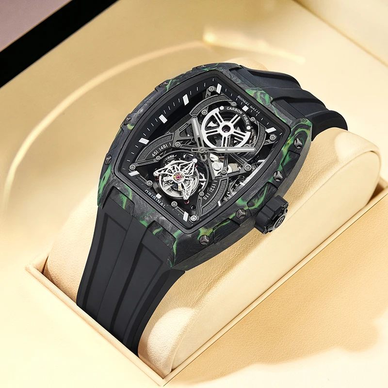 

BONEST GATTI Advanced Carbon Fiber Watch Tourbillon Tonneau Mechanical Wristwatch Rubber Strap Carbon Fiber Case Watches For Men