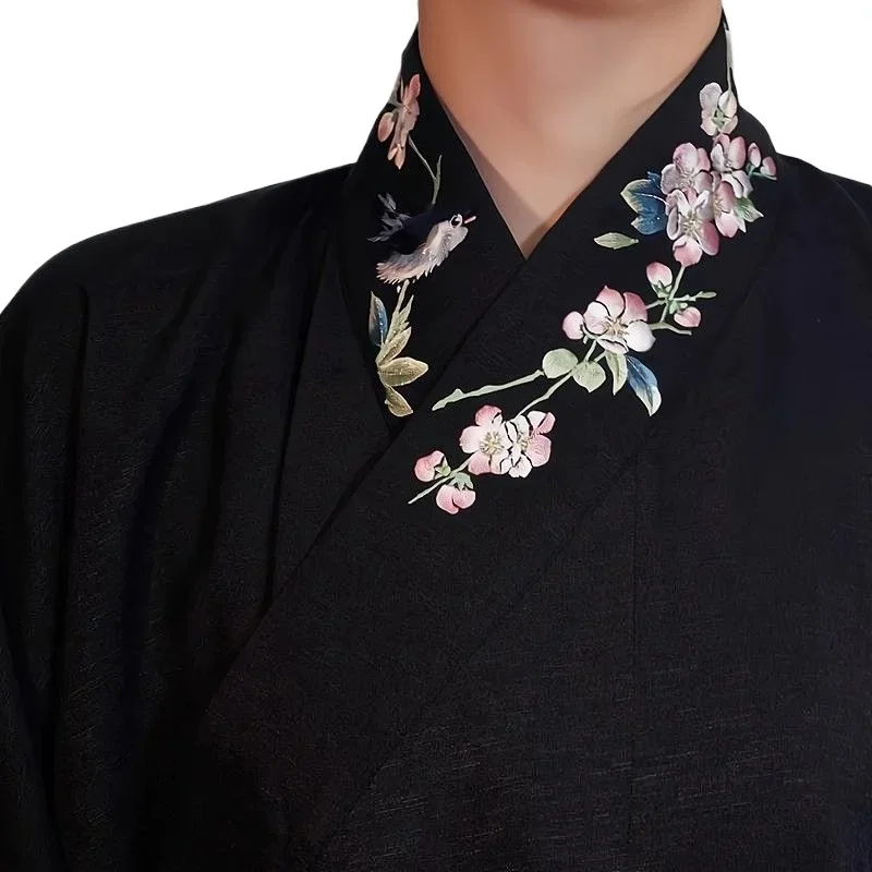 Exquisite Black White Cross Collar Embroidered Hanfu Top Shirt Traditional Chinese Women\'s Clothing 2024 Autumn Fashion Blouse