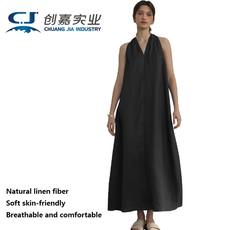 Pure Linen Women's Sleeveless Dress Dark Green V-neck Loose Long Dress Outdoor Leisure Period Women's Clothing Good quality