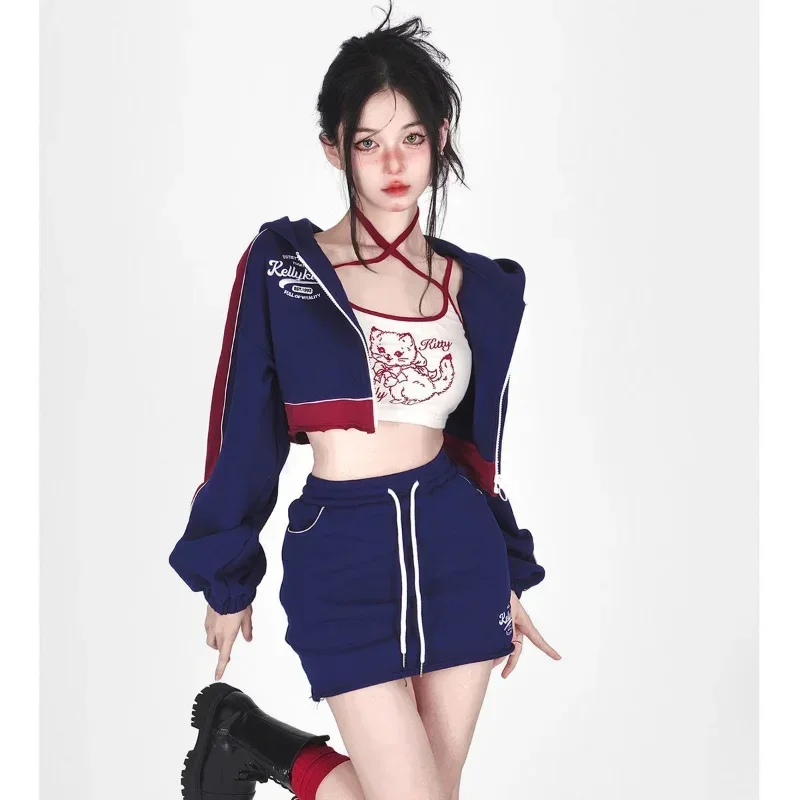 Hikigawa Chic Fashion Autumn Y2k Sports Suit Sexy Cartoon Cat Print Camisole Tank Top+Zipper Short Coat+Drawstring Mini Skirt