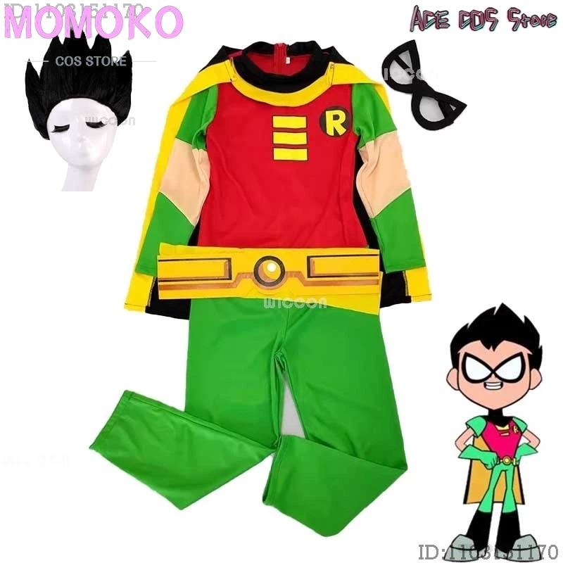 Robin Cosplay Kids Anime Cartoon Teen Comic Titans Superhero Robin Grayson Jumpsuit Costume Wig Halloween Uniform Roleplay