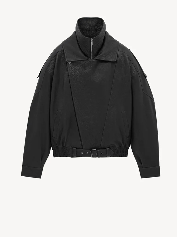 

Women Fashion Stand Collar Jacket Long Sleeve Casual Short Waist-Cinching Leather Coat 2025 New Female Autumn Streetwears