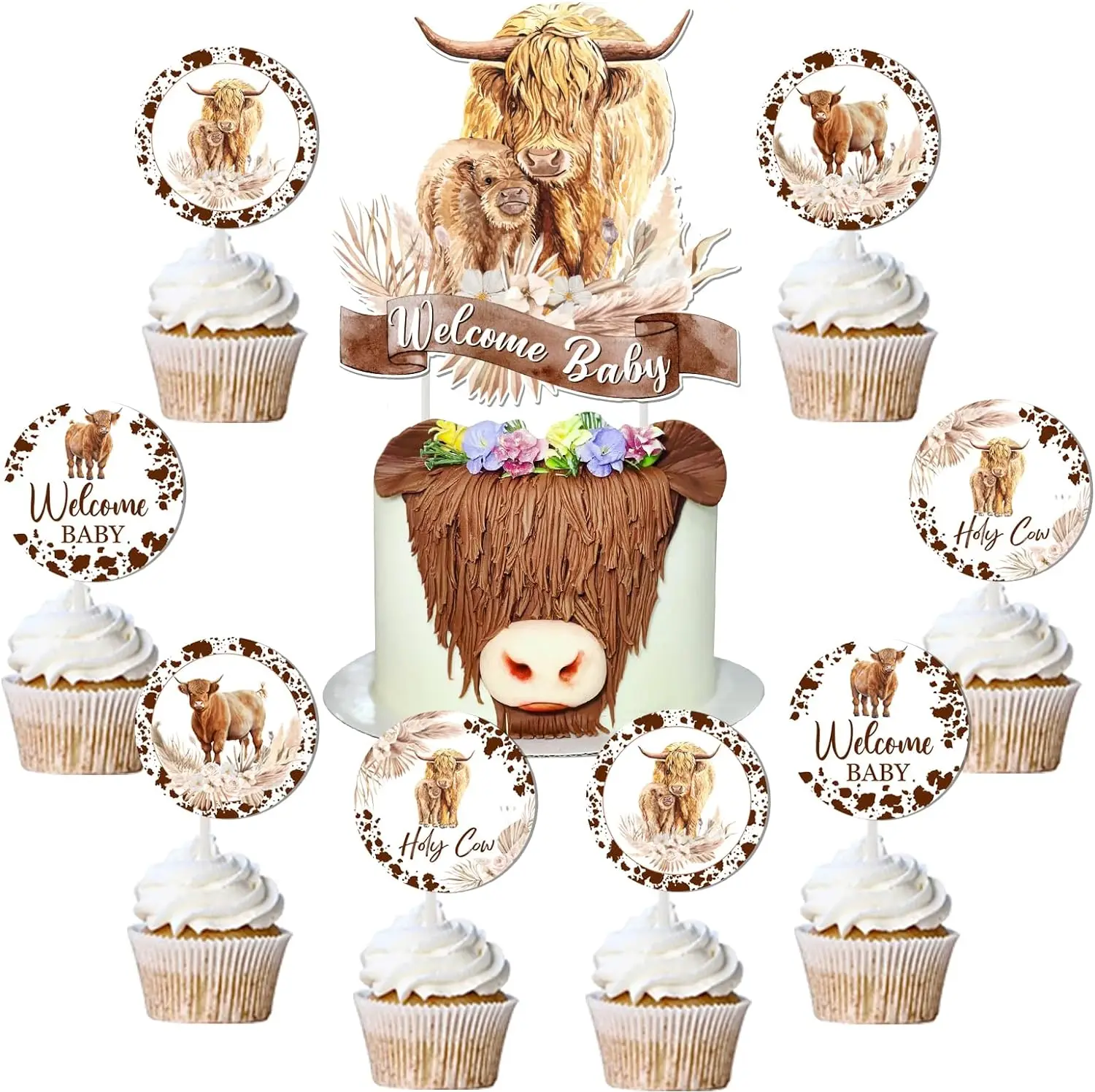 Highland Cow Baby Shower Cake Decor Boho Welcome Baby Highland Cattle Cake Topper Wild West Cowboy Cowgirl Party Supplies