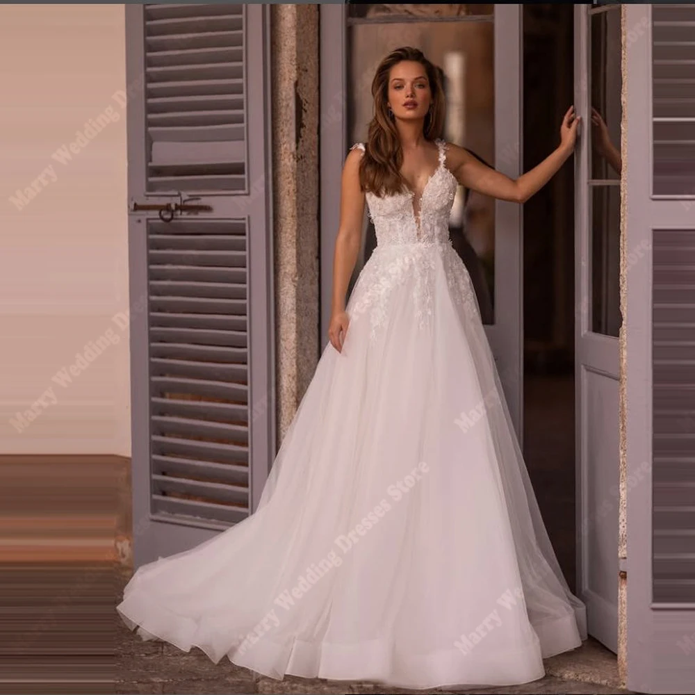 

Fascinating V-Neck Women Wedding Dresses Charming Lace Appliques Bridal Gowns Sleeveless Princess Vestidos De Novias Customized