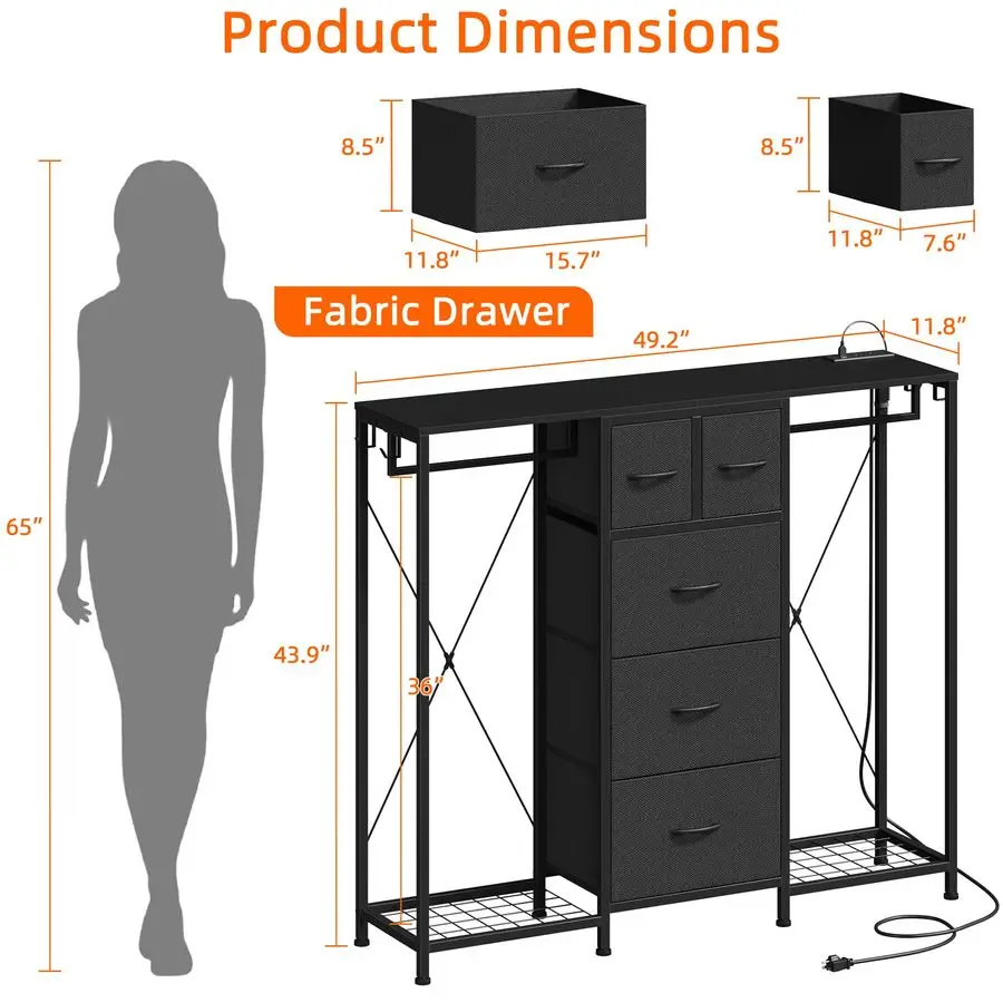 Kommode mit 2 Hängeregestellen, 5 Schubladen, Kommode mit LED-Leuchten und Ladestation, Kommoden mit Kleiderständer, Schuhregale und