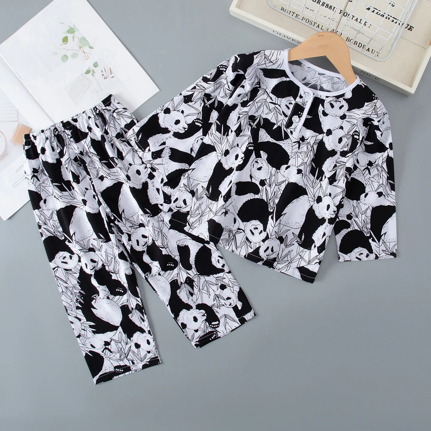 Kids Summer Thin Pajamas Set Boys Girls Cute Cartoon Panda Long Sleeve T-shirt + Pants Pyjamas Homewear Casual Sleepwear